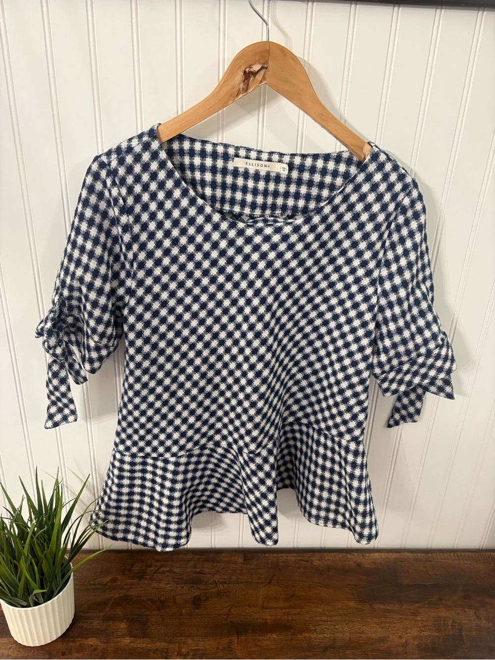 Navy & White Gingham Tie-Sleeve Peplum Top